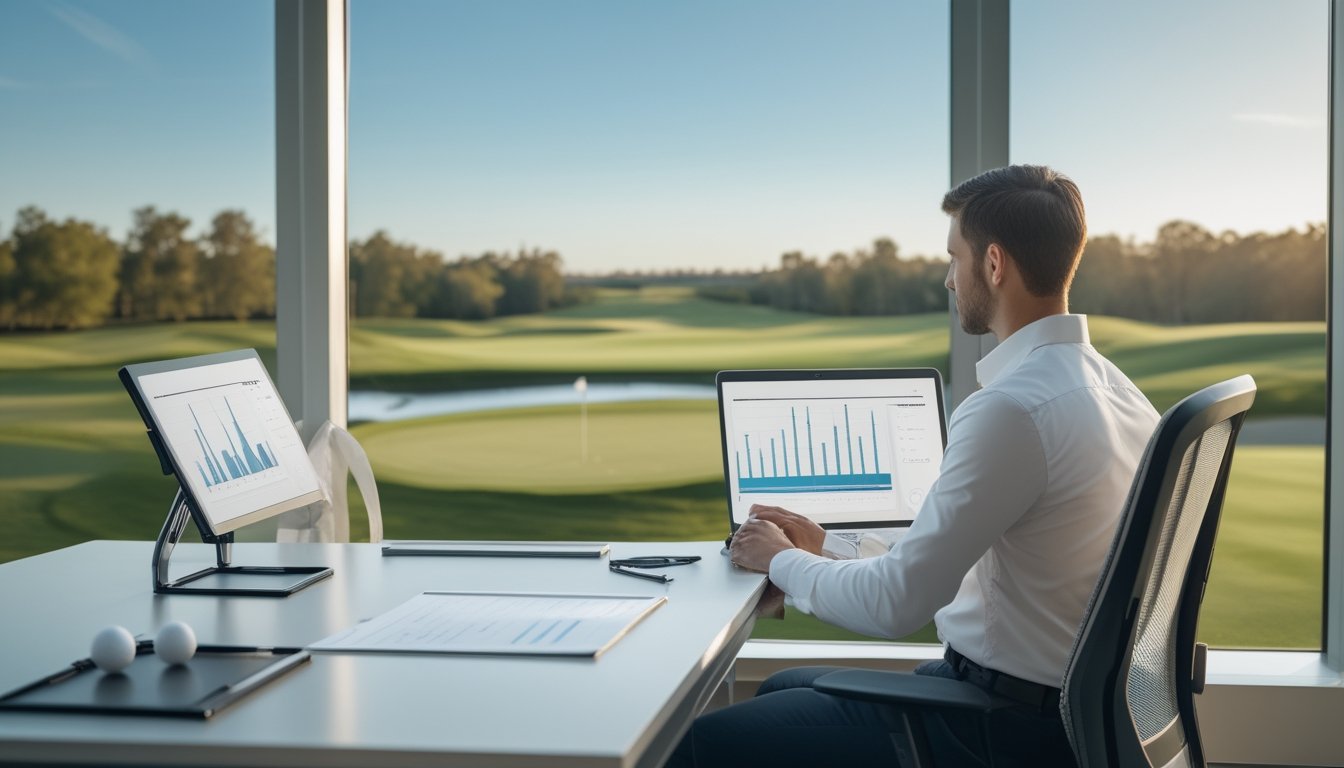 Analis golf menganalisis statistik putting dan driving sambil mengamati lapangan golf.