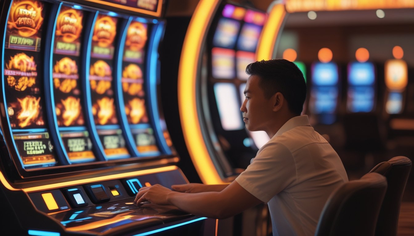 Seorang pemain dewasa sedang berkonsentrasi di depan mesin slot bertema api di ruang hiburan modern.