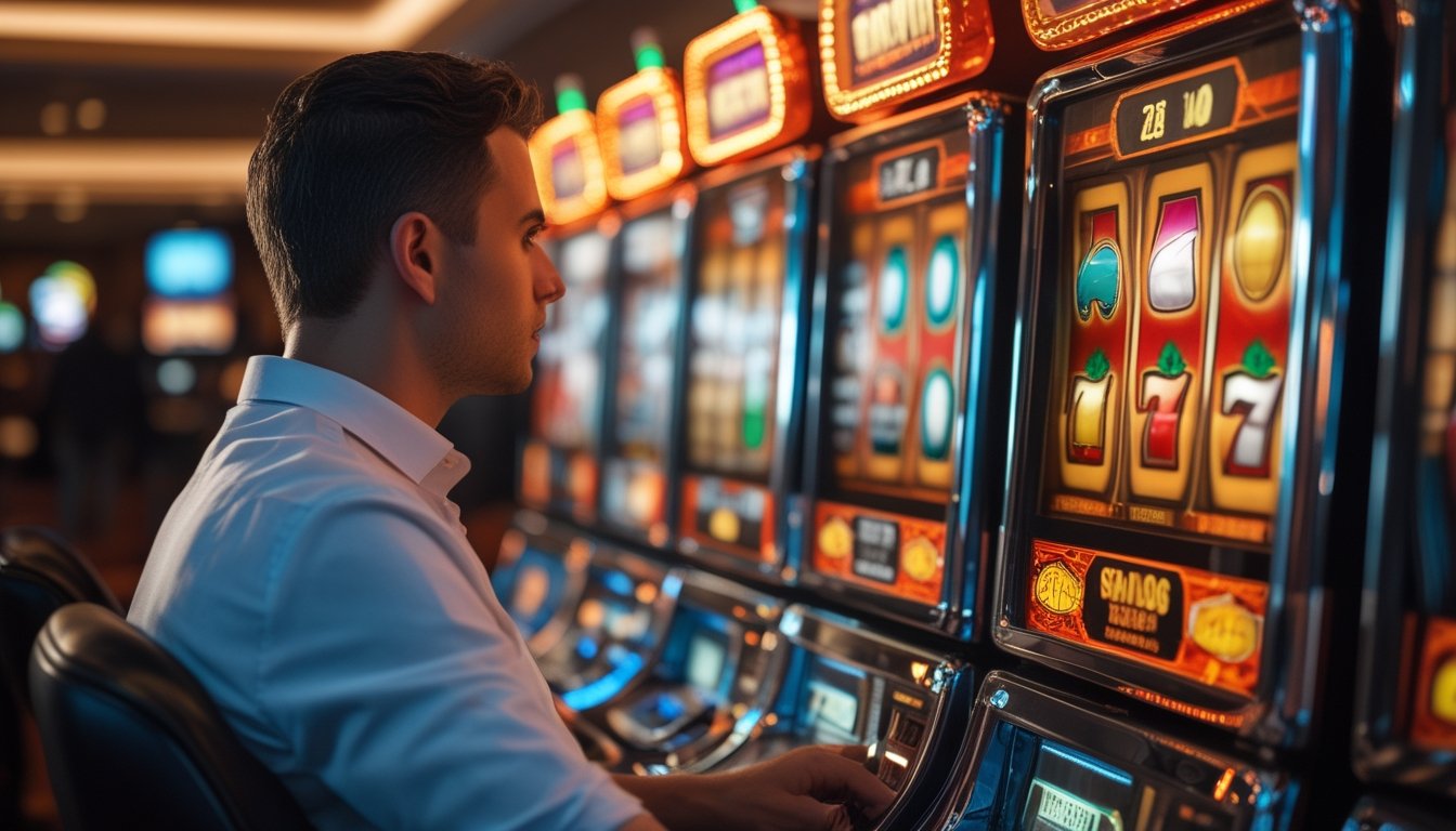 Seorang pemain mempelajari mesin slot bertema api di lingkungan kasino modern.