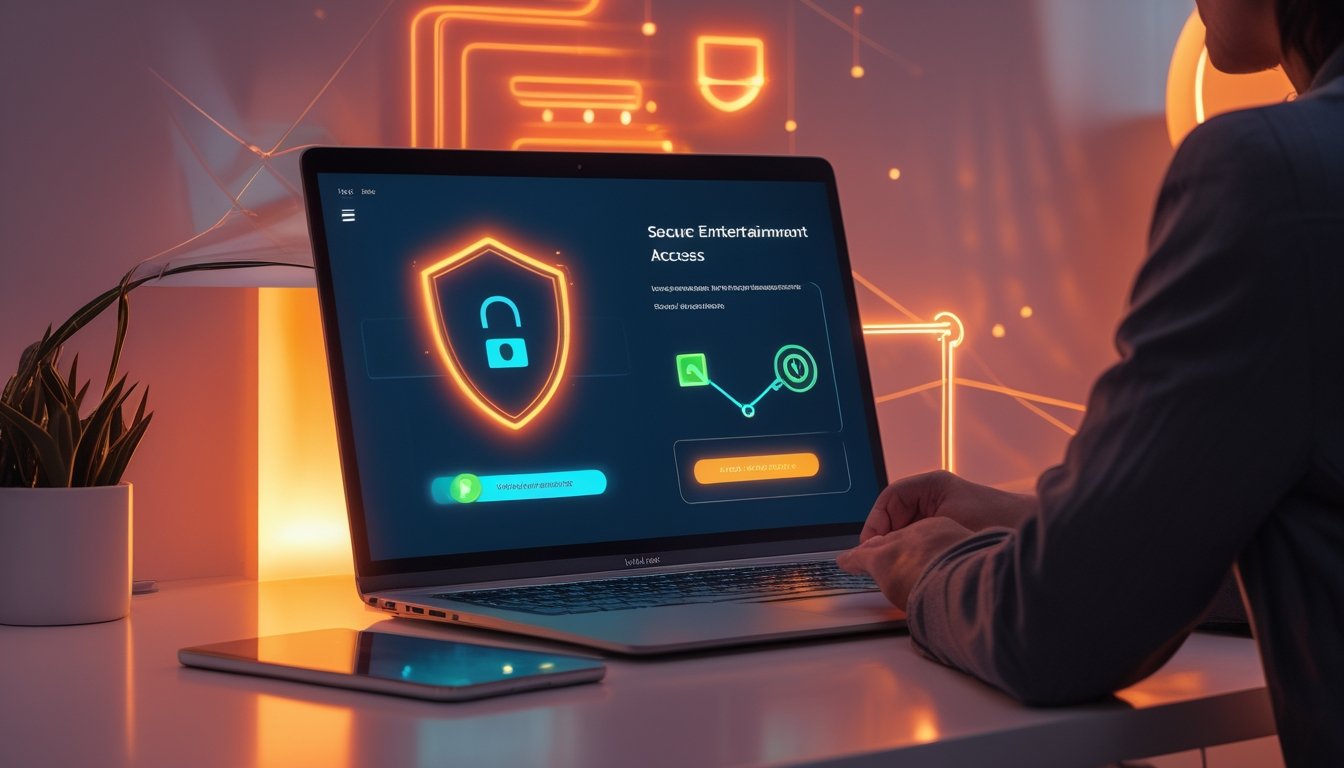 Laptop dan ponsel menampilkan antarmuka digital abstrak dengan simbol perisai keamanan dan tanda centang.