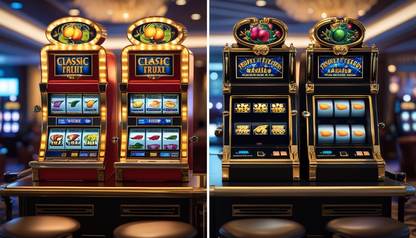 Dua mesin permainan slot bertema buah berdampingan dalam suasana kasino, dengan satu tampilan klasik dan satu tampilan mewah.