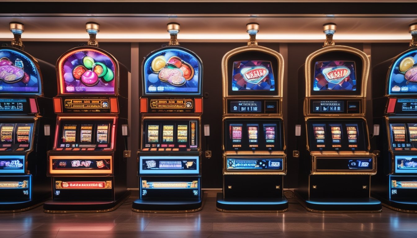 Dua mesin slot bertema panas dengan desain klasik dan deluxe berdiri berdampingan di lingkungan kasino.