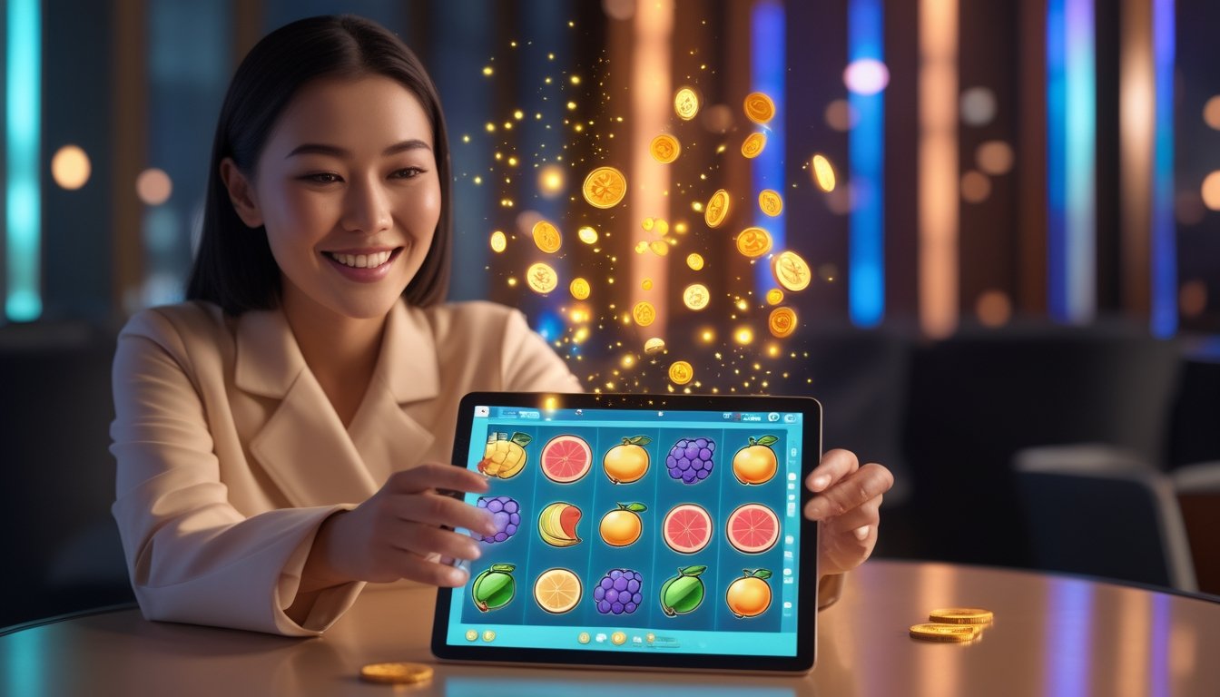 Seorang wanita menikmati permainan bertema buah di tablet dengan suasana ceria dan cahaya hangat.