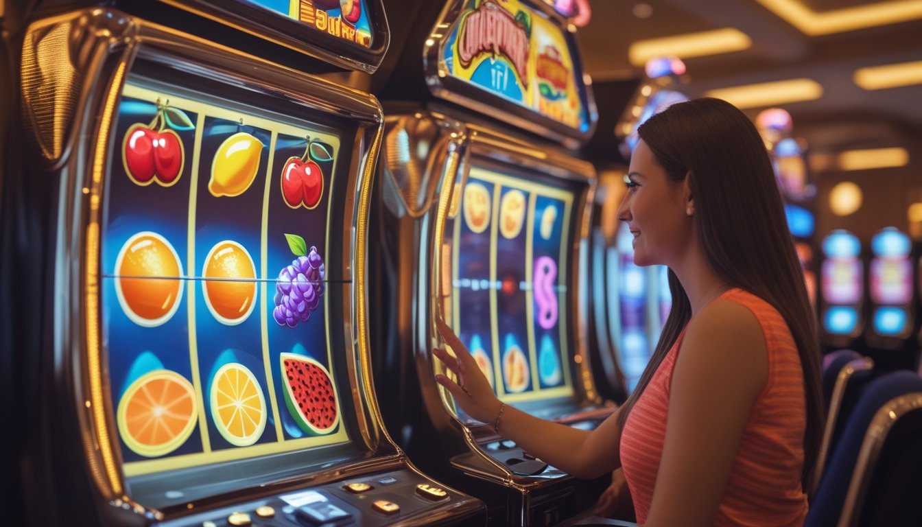 Seorang pemain dewasa memainkan mesin slot bertema buah di lingkungan kasino yang terang.