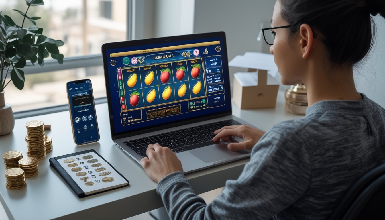 Seorang dewasa melihat permainan slot bertema buah di laptop dengan catatan anggaran, koin, dan ponsel di meja.