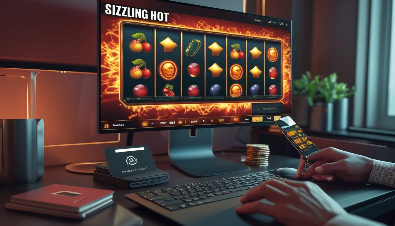 Perangkat digital menampilkan permainan slot bertema buah di atas meja dengan simbol keamanan, kartu pembayaran, dan koin.