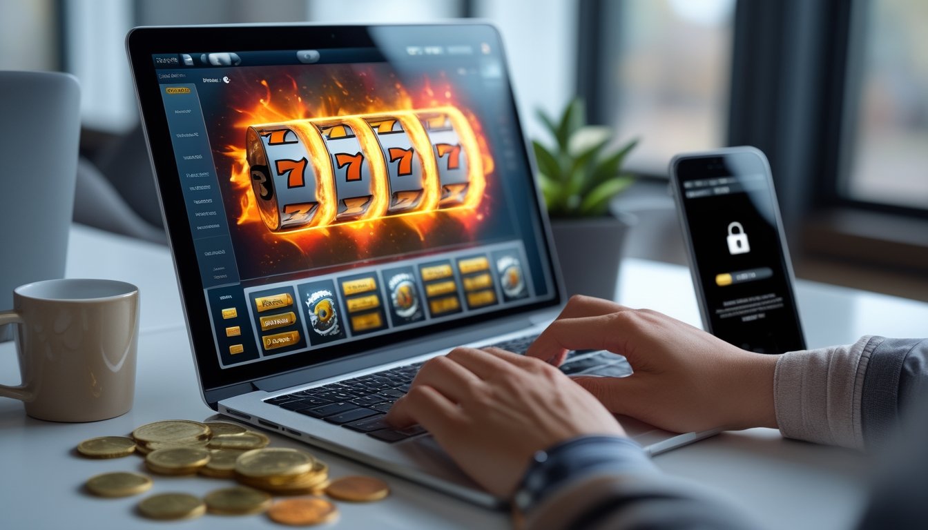 Laptop dan ponsel menampilkan platform permainan digital dengan simbol keamanan, dompet, dan koin di atas meja modern.
