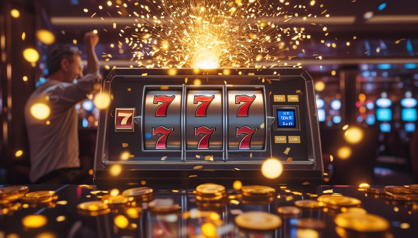 Seorang pemain merayakan kemenangan besar pada mesin slot dengan tiga angka tujuh dan kilauan koin di kasino.