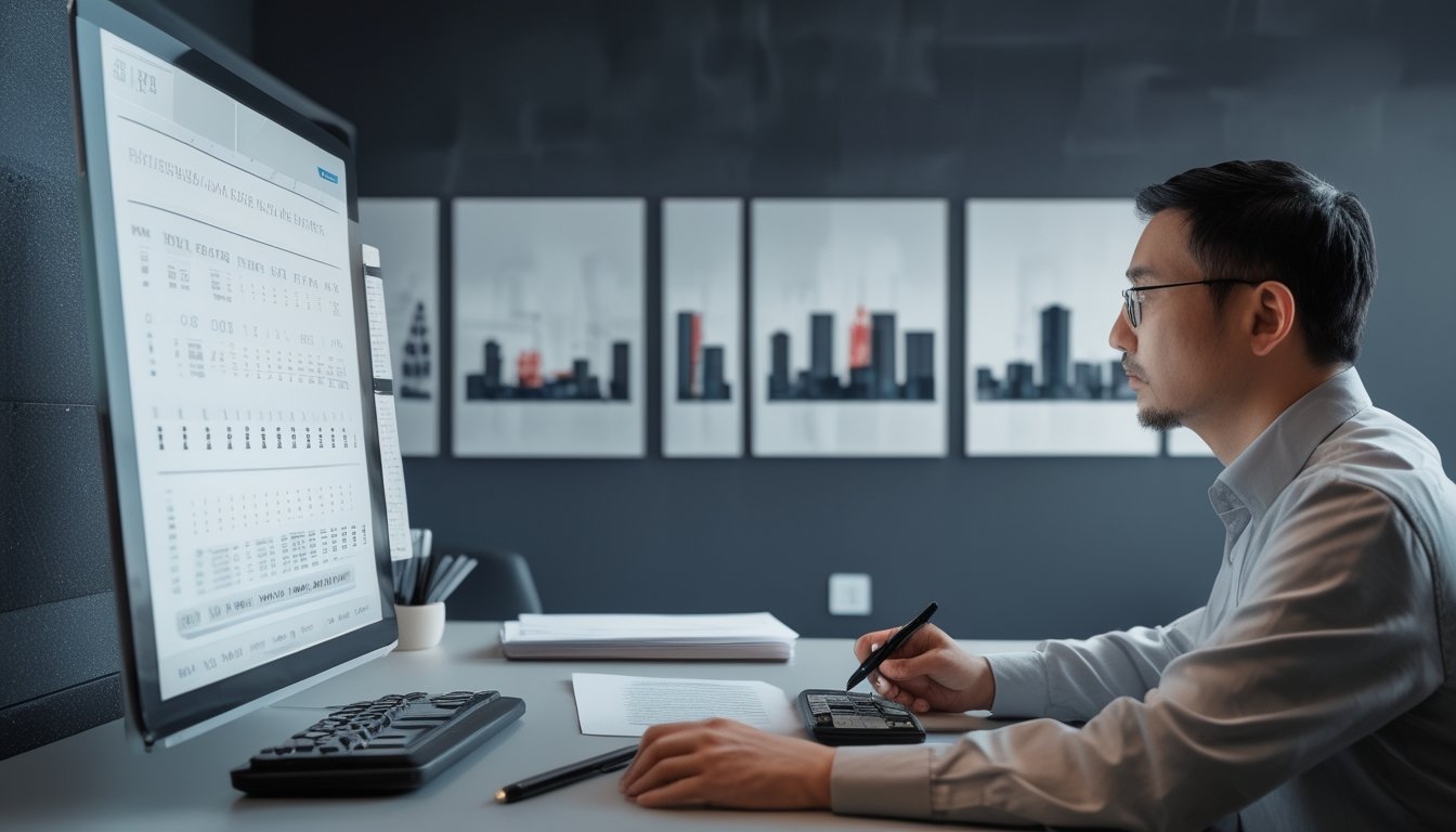Seorang analis meninjau data angka abstrak di meja kerja dengan laptop, kalkulator, dan grafik kosong.