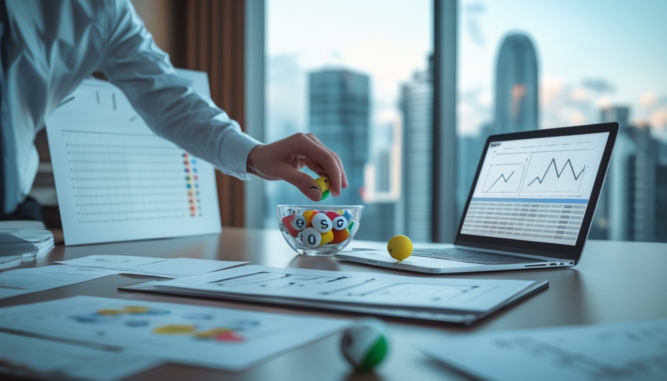 Meja kerja analis dengan mangkuk berisi bola bernomor, grafik statistik kosong, dan laptop yang menampilkan grafik abstrak.