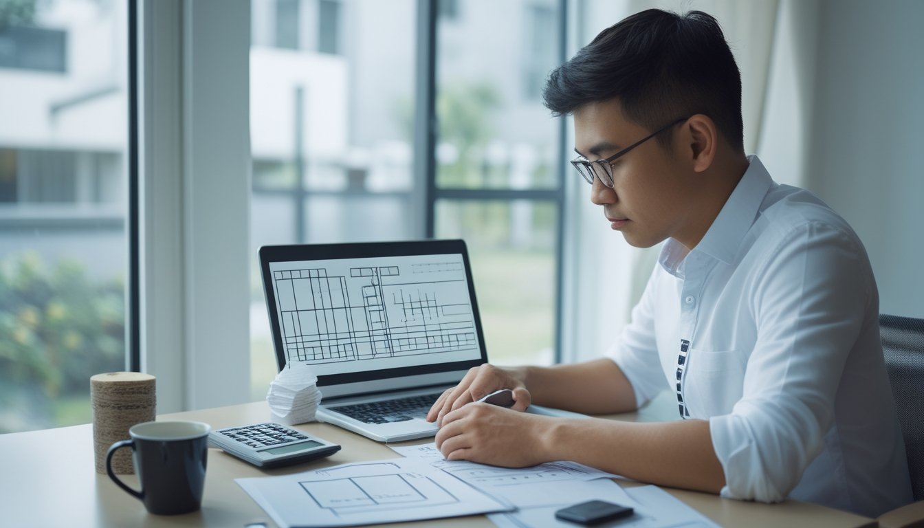 Seorang pemula mempelajari analisis angka di meja kerja dengan laptop, kalkulator, dan catatan.