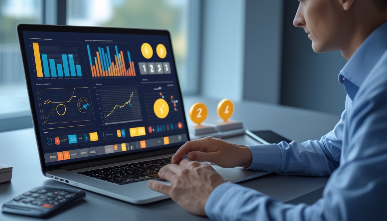 Seorang analis memeriksa grafik angka dan data pada laptop di ruang kerja modern.
