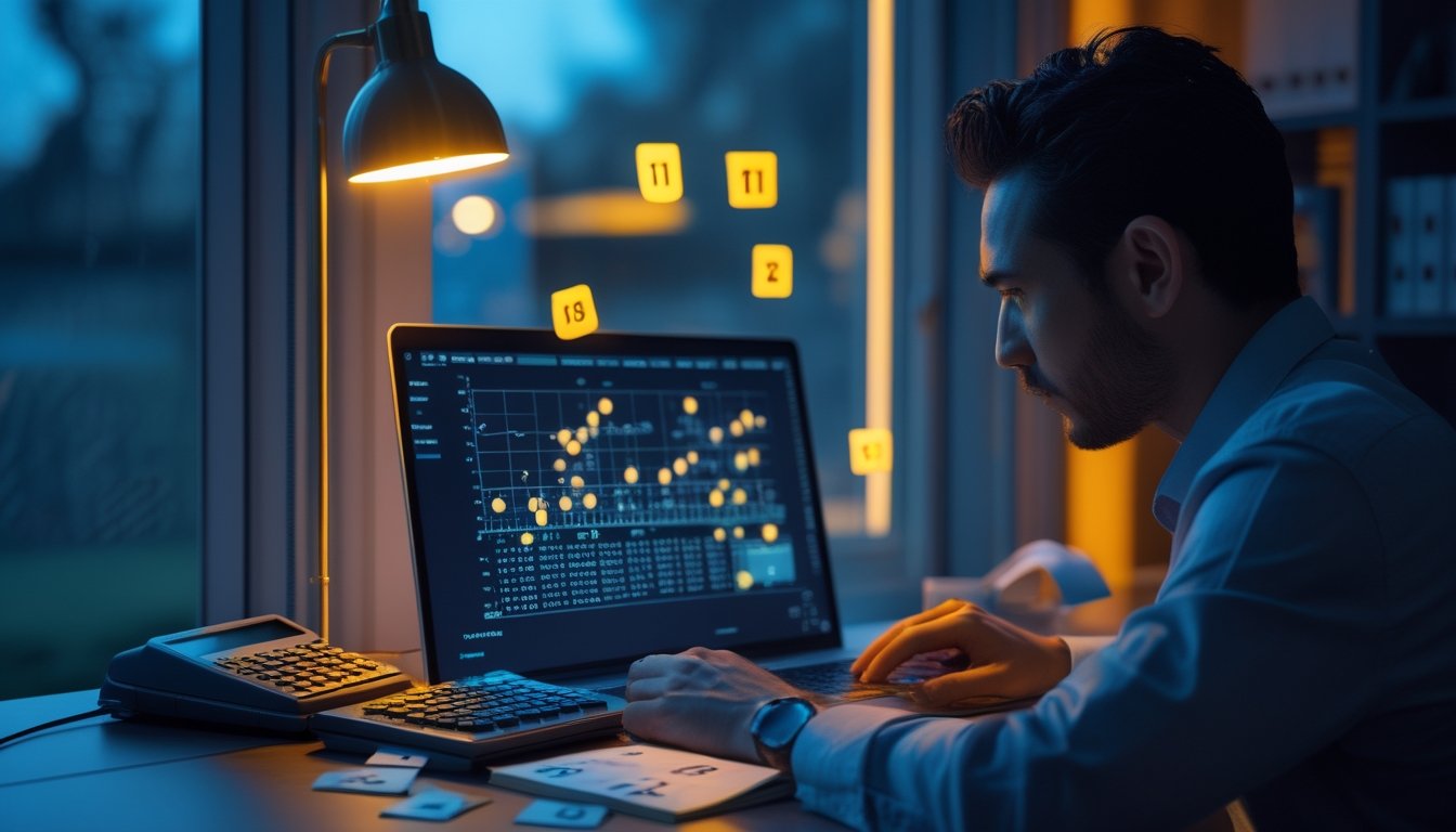 Seorang analis memeriksa pola angka abstrak di laptop pada meja kerja pada malam hari.