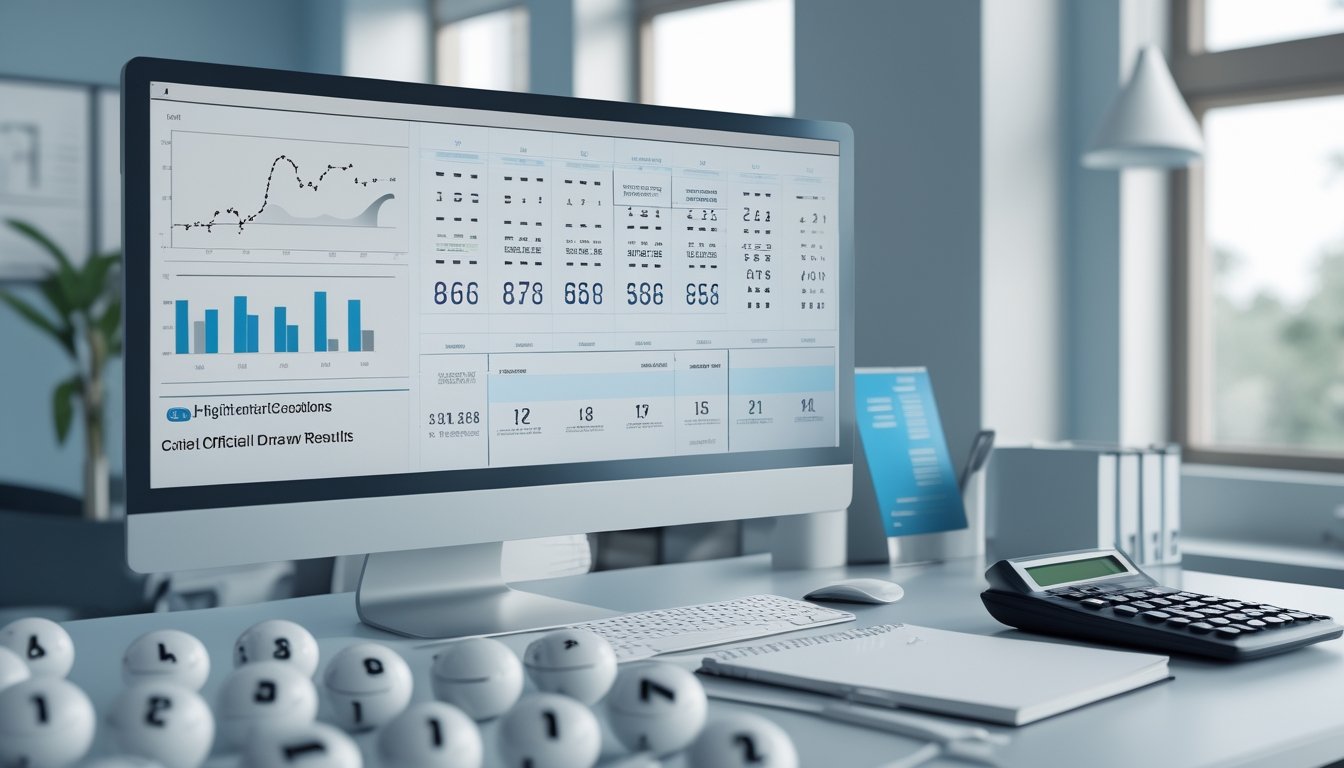 Analis memeriksa grafik statistik dan data angka di ruang kerja modern dengan bola bernomor di atas meja.