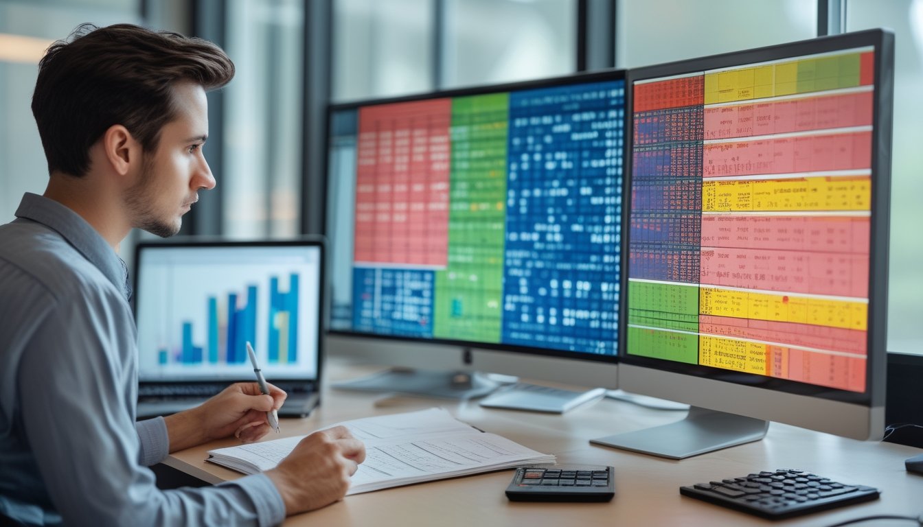 Seorang analis mempelajari pola warna dan grafik data di meja kerja modern.