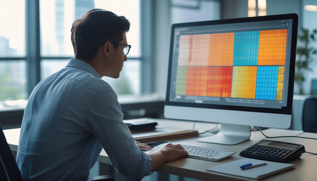 Seorang analis mempelajari pola warna dan visualisasi data di layar komputer.