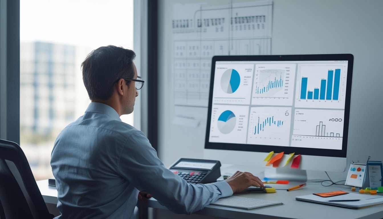 Seorang analis meninjau grafik angka dan probabilitas di meja kerja modern.