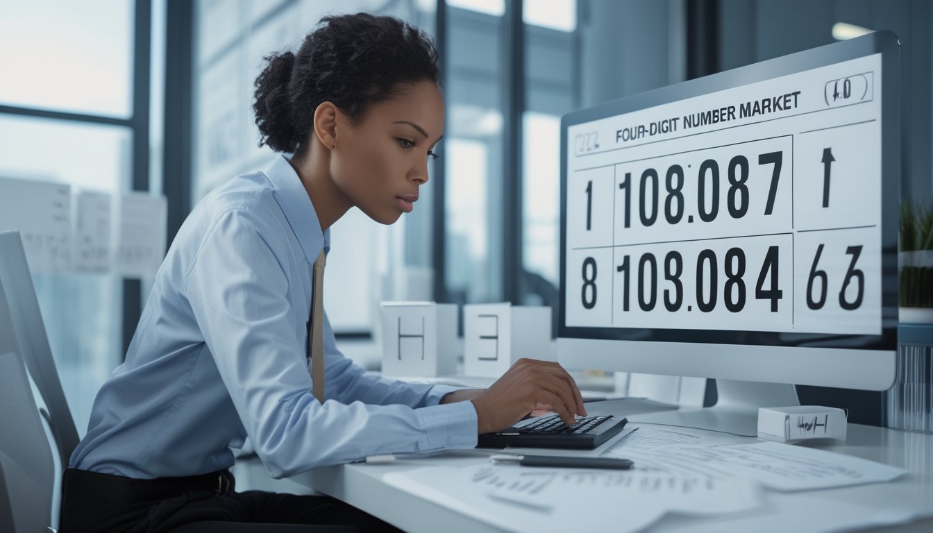 Seorang analis dewasa memeriksa data angka empat digit di meja kerja dengan laptop, kalkulator, dan catatan.