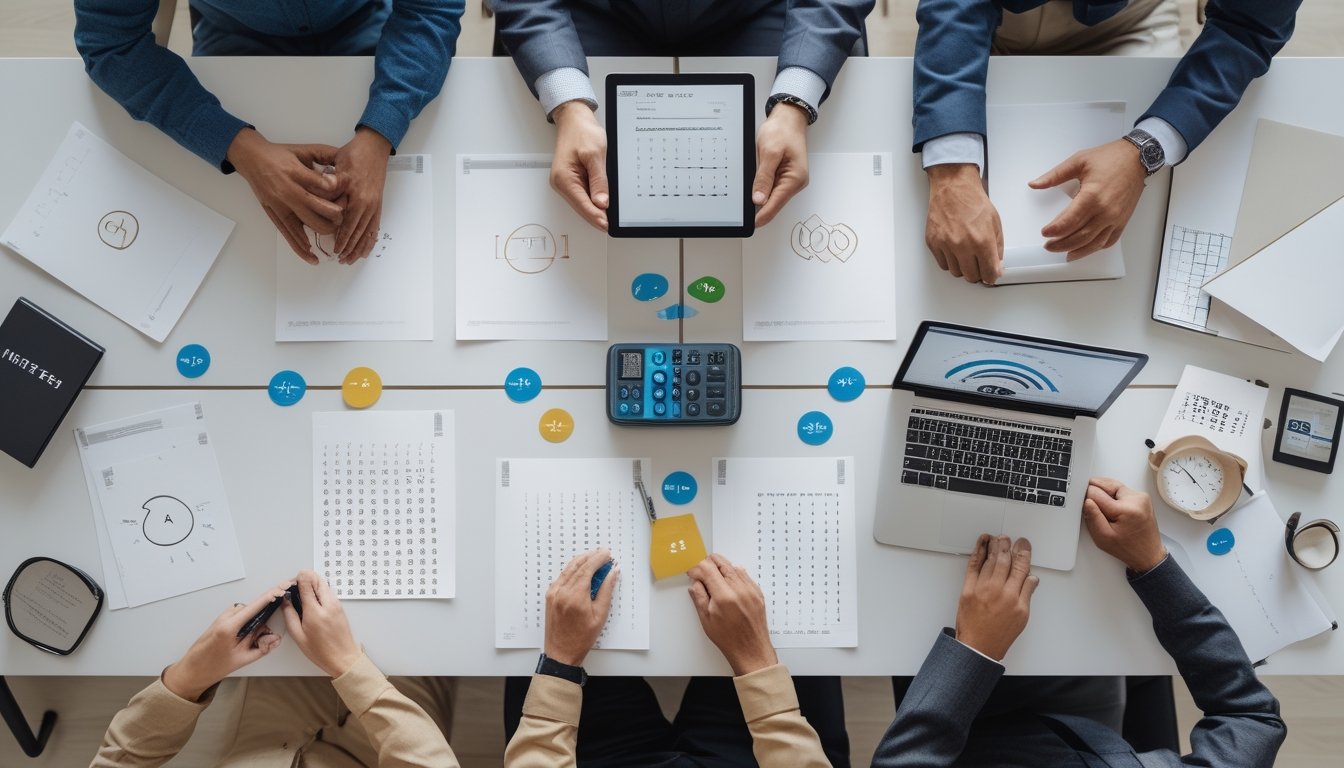Beberapa orang membandingkan lembar prediksi dan data di meja kerja modern.