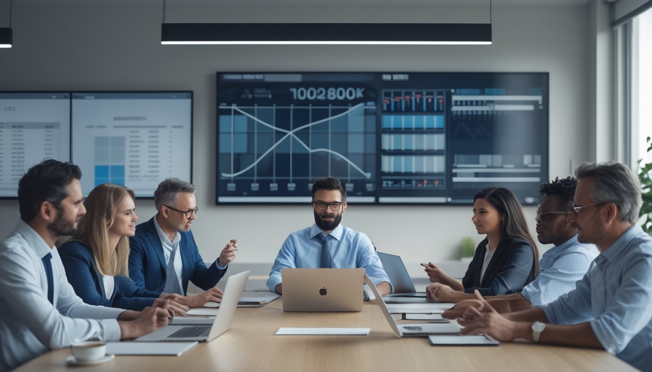 Sekelompok analis membandingkan data dan grafik angka di ruang kerja modern.