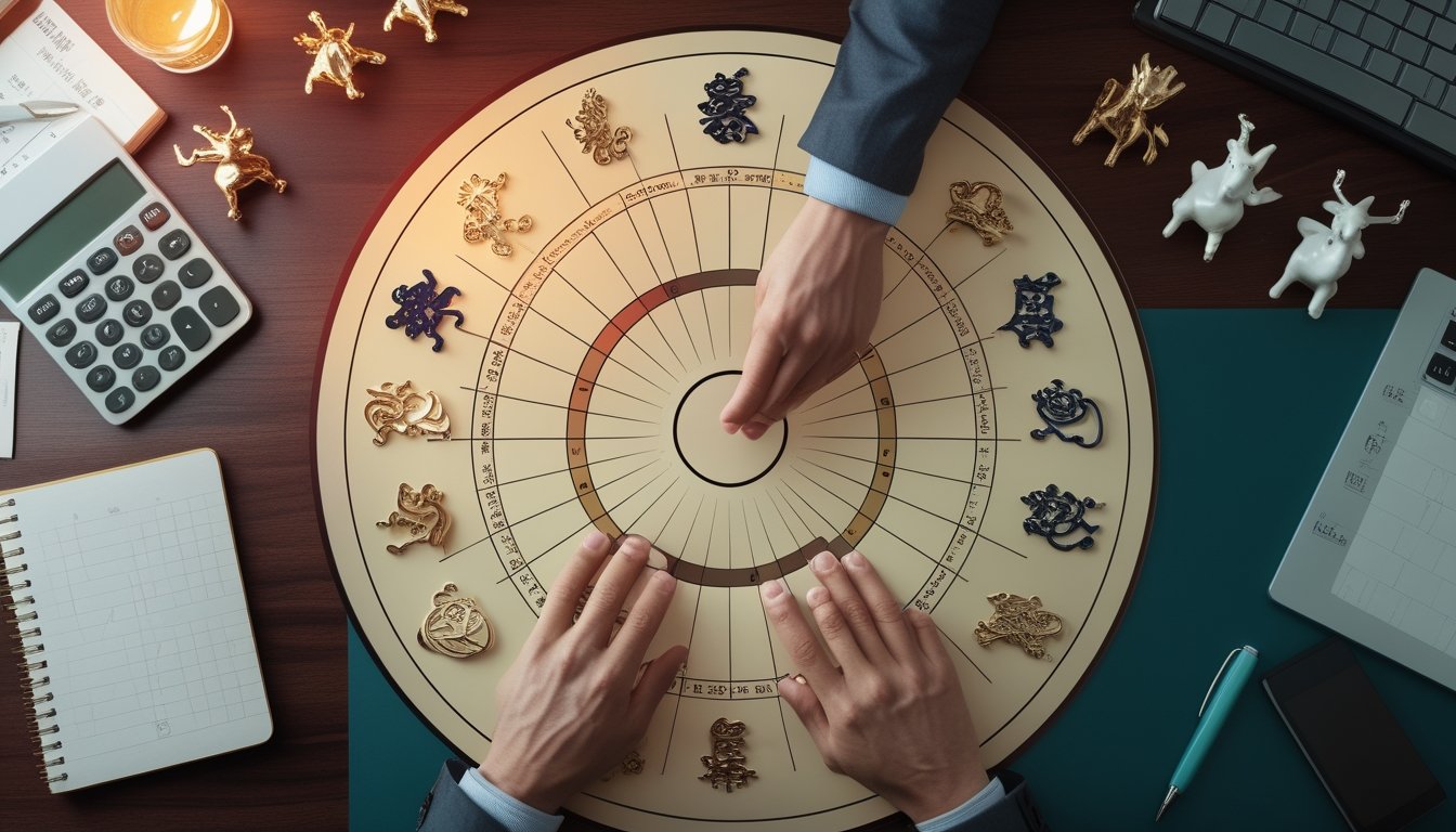 Seseorang menganalisis bagan zodiak Tionghoa dengan kalkulator dan buku catatan di atas meja.