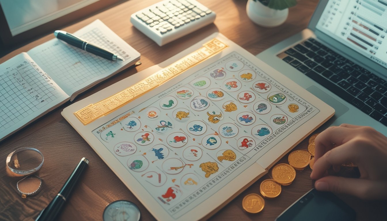 Meja kerja dengan tabel zodiak Tionghoa, catatan angka, kalkulator, dan laptop berisi grafik data.