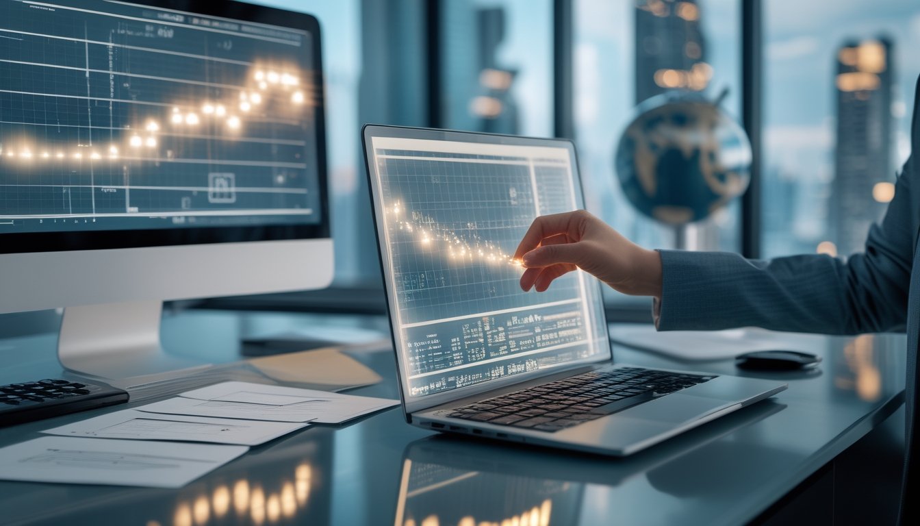 Seorang analis memeriksa pola data abstrak di meja kerja dengan laptop, kalkulator, dan peta dunia.