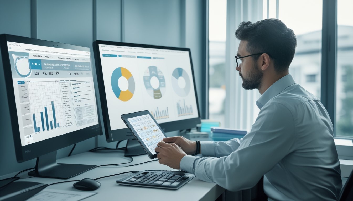 Seorang analis memeriksa grafik data dan pola angka di ruang kerja modern.