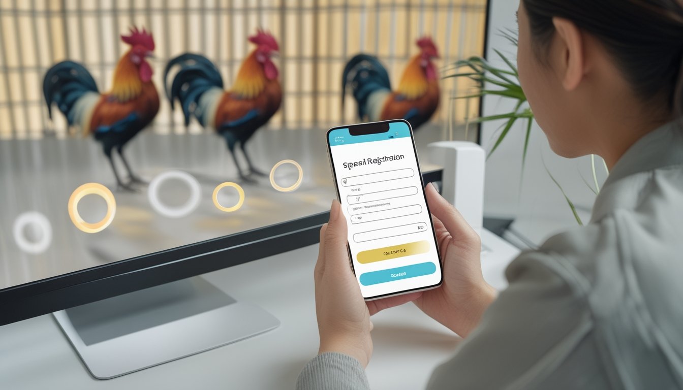Seseorang menggunakan ponsel di meja kerja dengan latar buram menampilkan dua ayam berwarna.