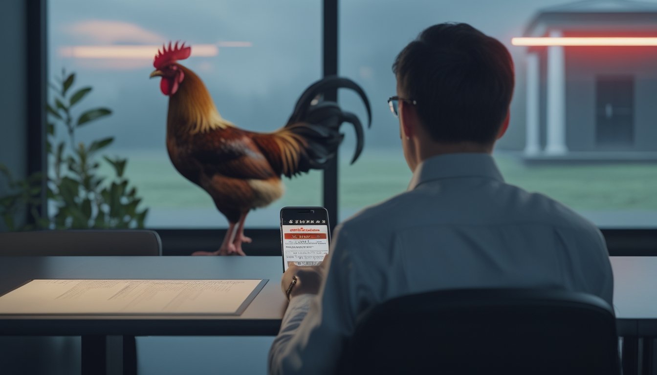 Seseorang melihat ponsel di ruangan redup dengan ayam jantan yang aman di latar belakang dan suasana yang mengisyaratkan risiko hukum perjudian daring.