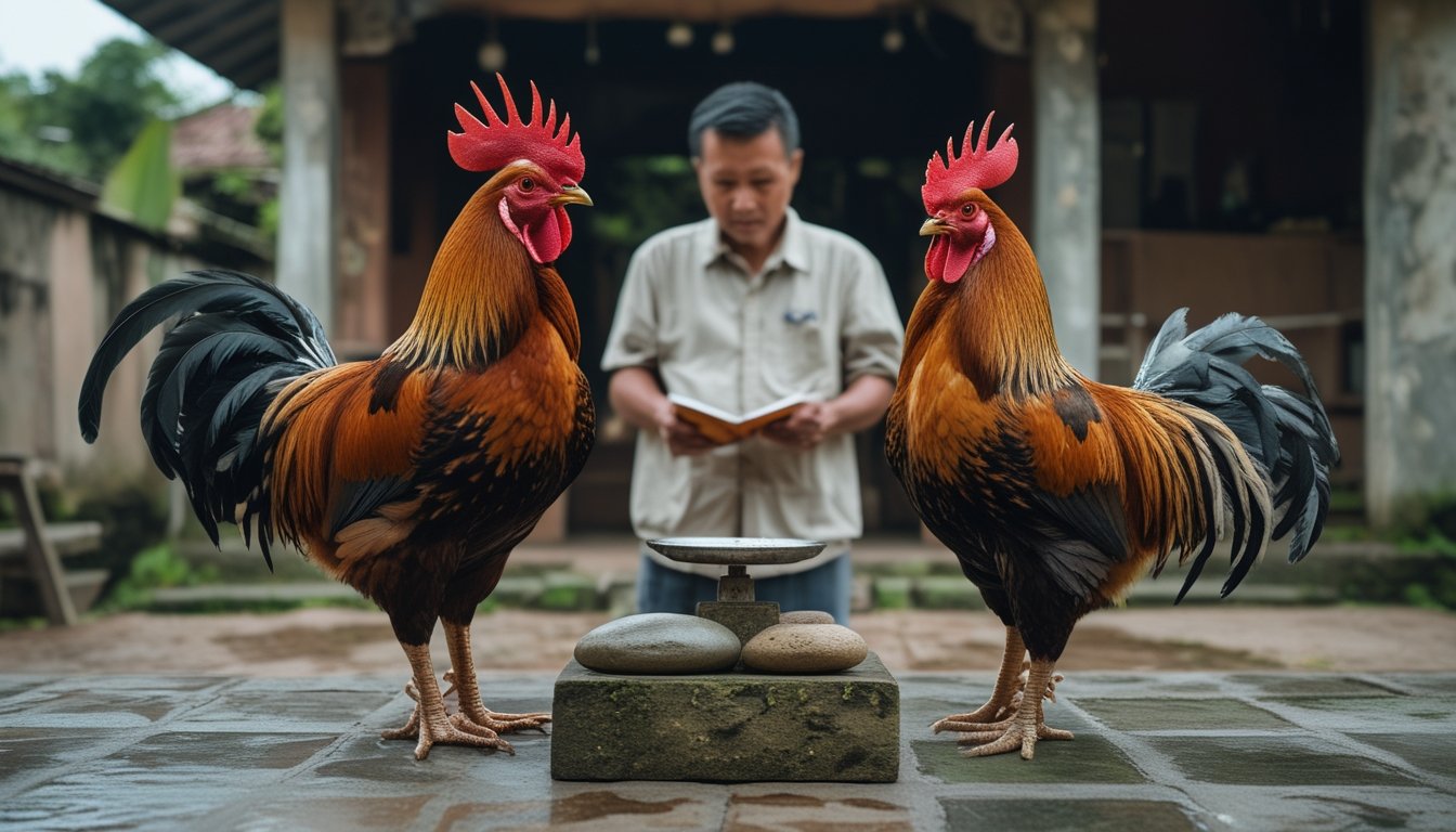 Dua ayam jantan diamati oleh seorang pengamat di halaman pedesaan dengan alat penilaian sederhana.