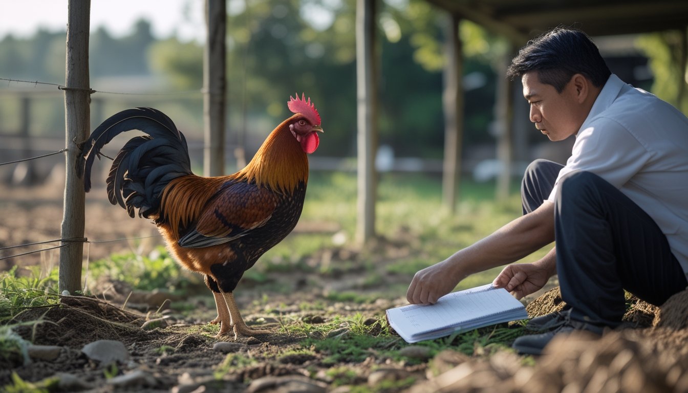 Seorang peternak mengamati ayam jantan sehat di lingkungan kandang yang bersih.