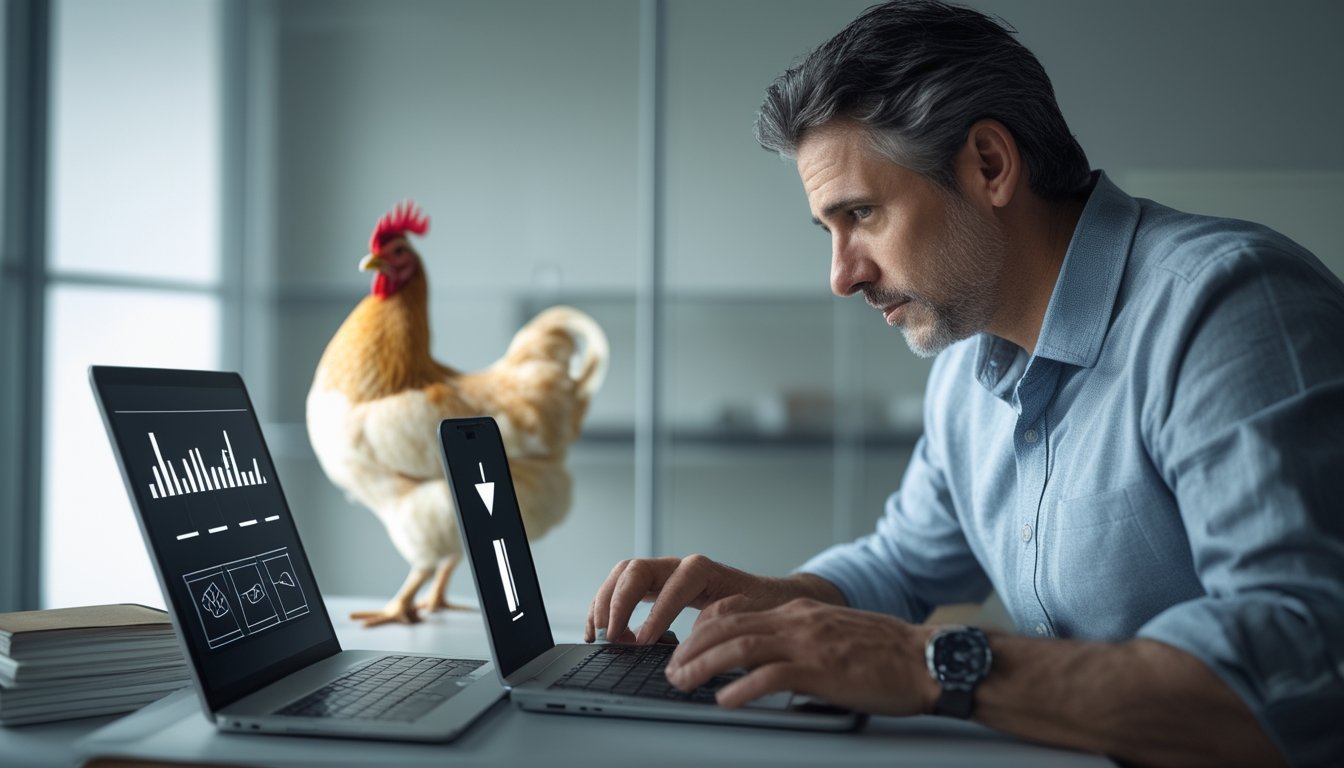 Seseorang meninjau risiko keuangan dan hukum terkait taruhan online, sementara ayam dirawat dalam lingkungan yang aman.