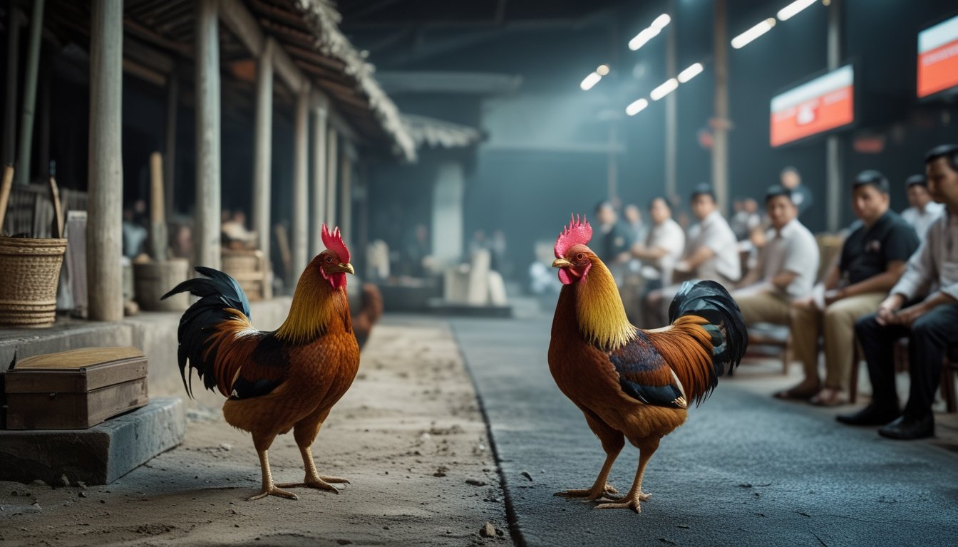 Adegan dokumenter yang menggambarkan perubahan tradisi adu ayam dari lingkungan desa tradisional menuju arena modern, dengan ayam yang berada di area terpisah dan tidak terluka.