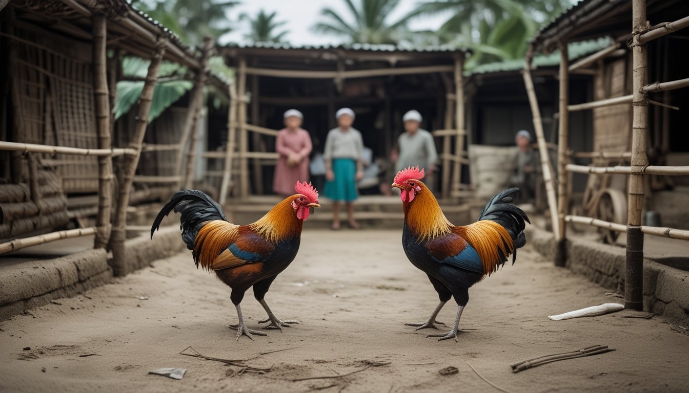 Dua ayam jantan berada di kandang bambu sementara warga desa mengamati dalam suasana tradisional.