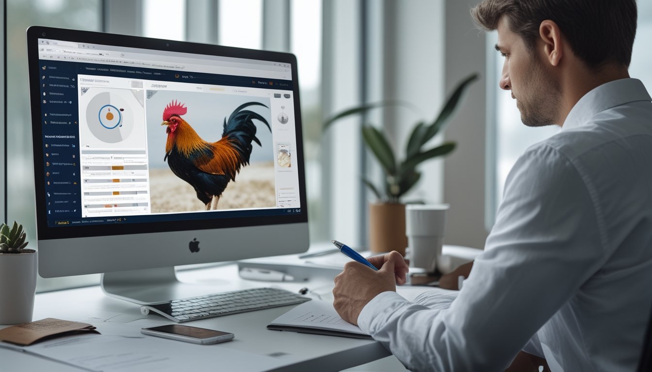 Seseorang mempelajari informasi tentang sabung ayam online di meja kerja dengan laptop, ponsel, dan buku catatan.