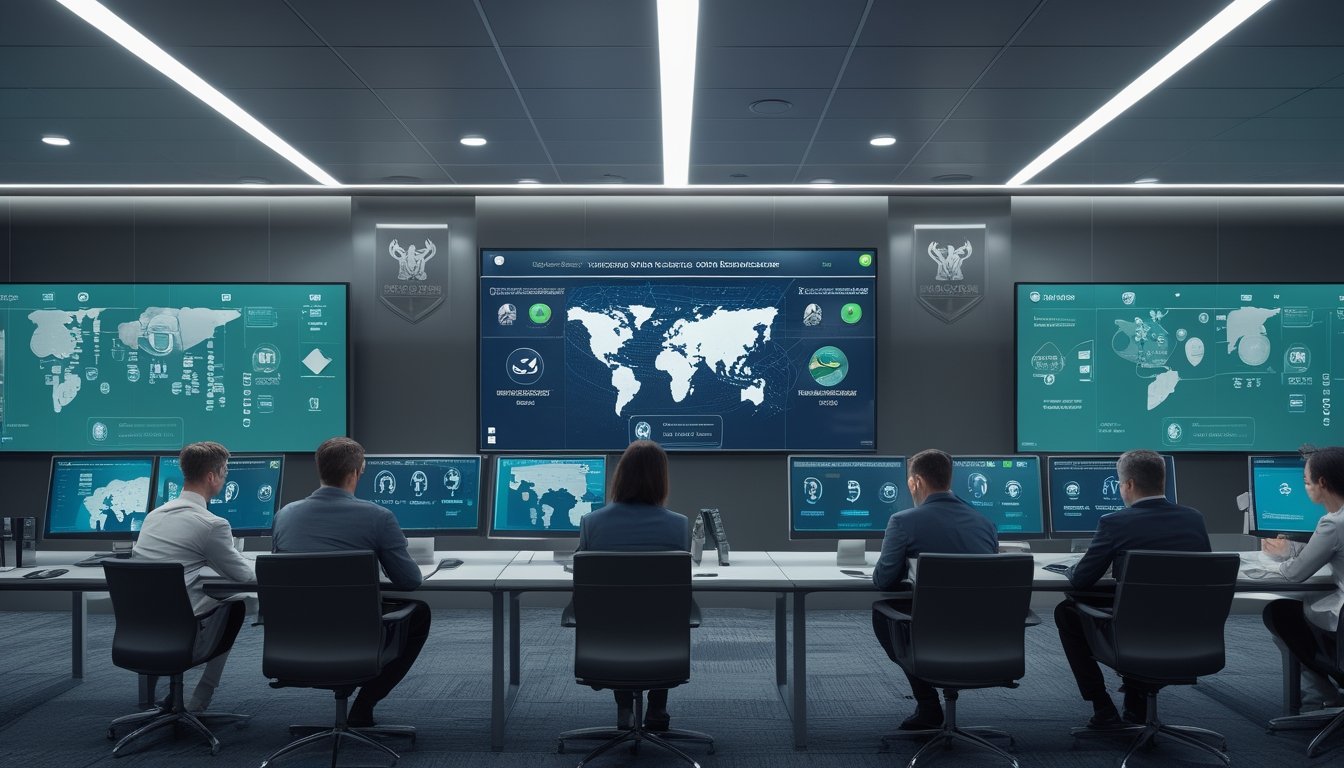 Tim profesional memeriksa sistem verifikasi identitas dan keamanan digital dengan simbol jaringan global serta perlindungan data.
