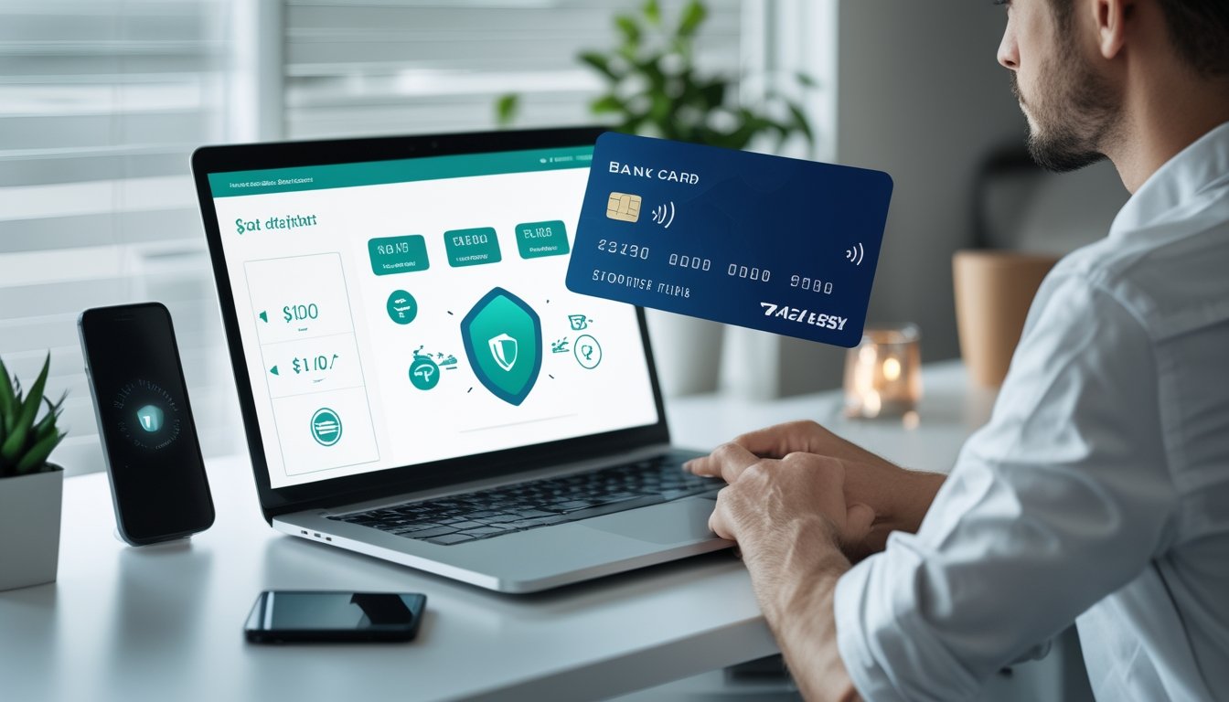 Orang dewasa menggunakan laptop dan ponsel untuk mengelola pembayaran digital di meja kerja.