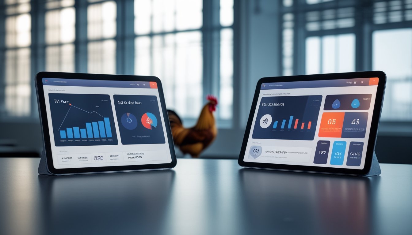Dua tablet menampilkan dasbor analitik abstrak berdampingan di meja kantor, dengan siluet ayam jantan yang samar di latar belakang.