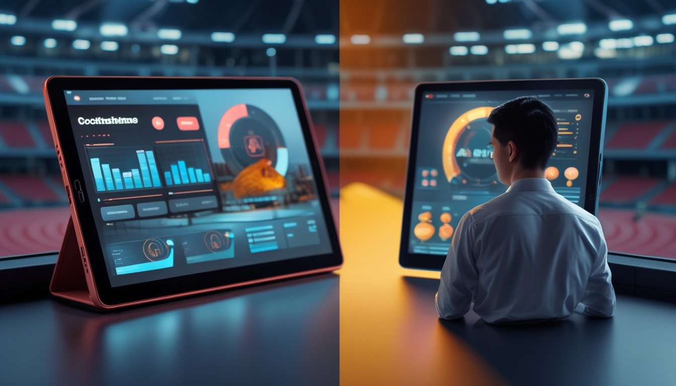 Analis membandingkan dua konsep platform digital di depan latar arena yang kosong.