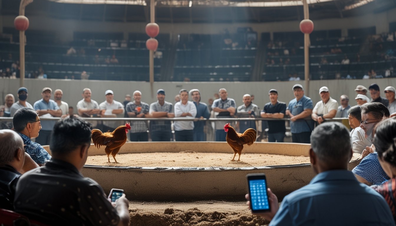 Penonton dewasa menyaksikan pertandingan sabung ayam sambil melihat ponsel untuk memasang taruhan.