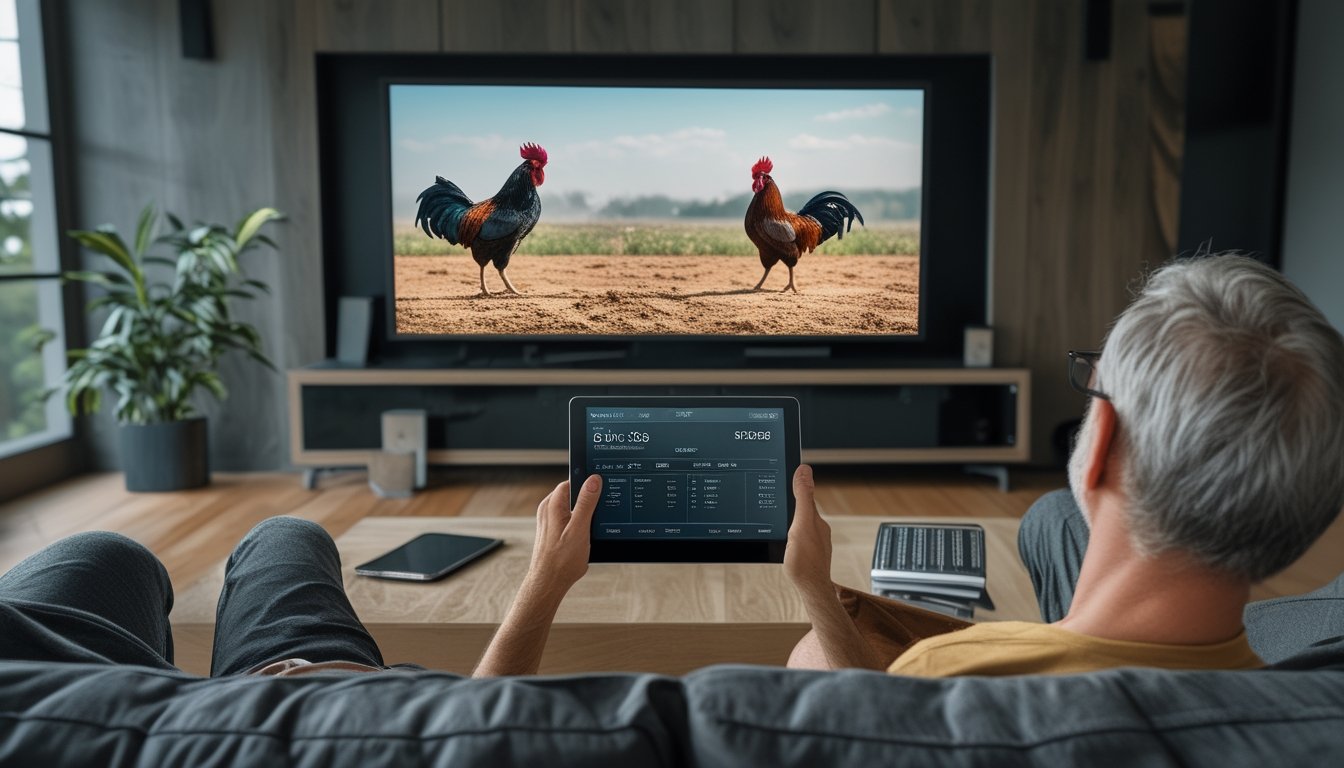 Orang dewasa menonton siaran langsung sabung ayam di televisi dengan perangkat digital di meja.