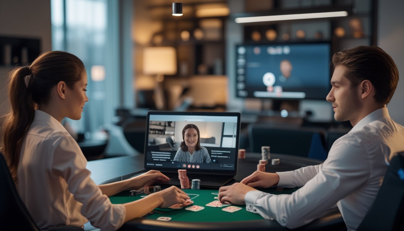 Dua orang dewasa bermain poker secara daring melalui panggilan video di ruang modern.