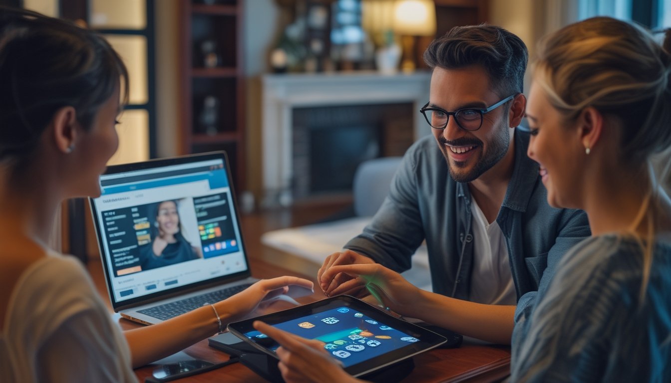 Beberapa orang dewasa bermain gim virtual secara santai melalui laptop dan tablet sambil menunjukkan ekspresi antusias dan kompetitif.