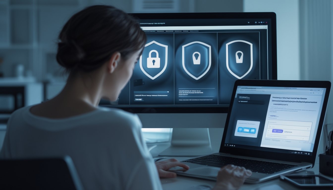 Orang dewasa menggunakan laptop dengan simbol perisai dan gembok yang menggambarkan keamanan privasi internet.