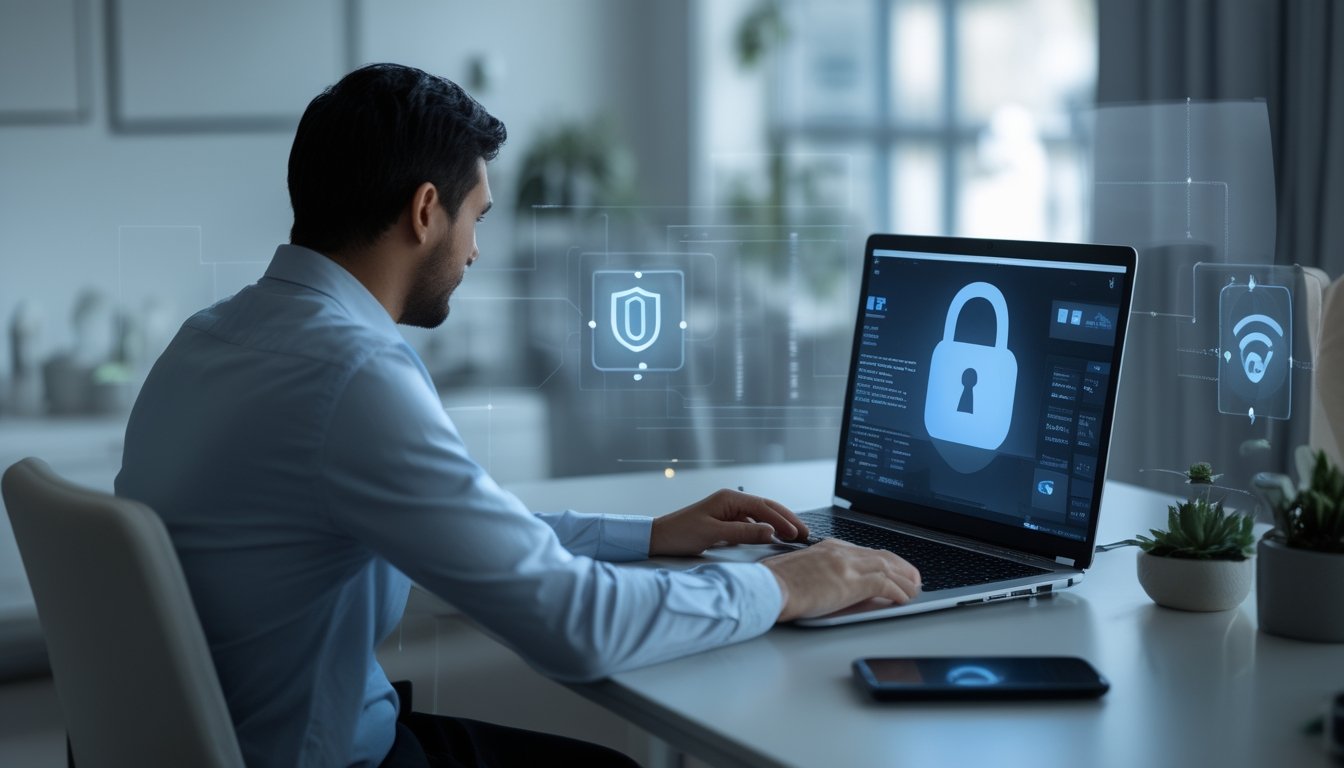 Orang dewasa menggunakan laptop dengan simbol keamanan digital dan perlindungan privasi di ruang kerja.