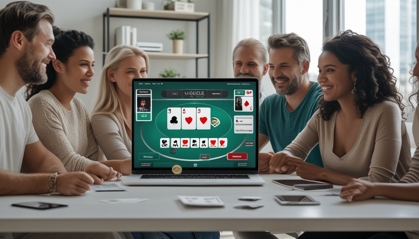 Sekelompok orang dewasa bermain poker melalui laptop di ruang modern.