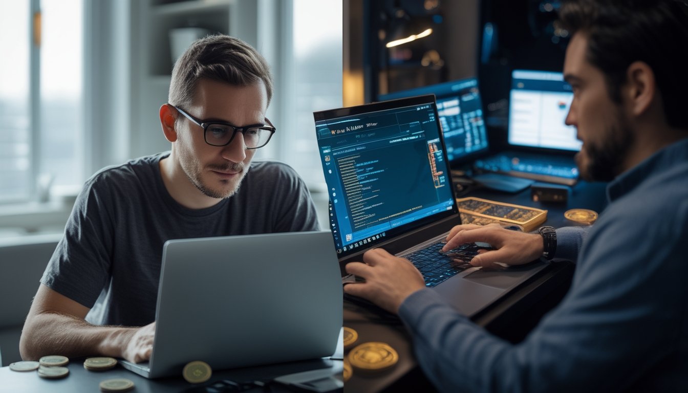 Dua orang dewasa membandingkan pengalaman poker online gratis dan berbayar melalui dua pengaturan laptop yang berbeda.