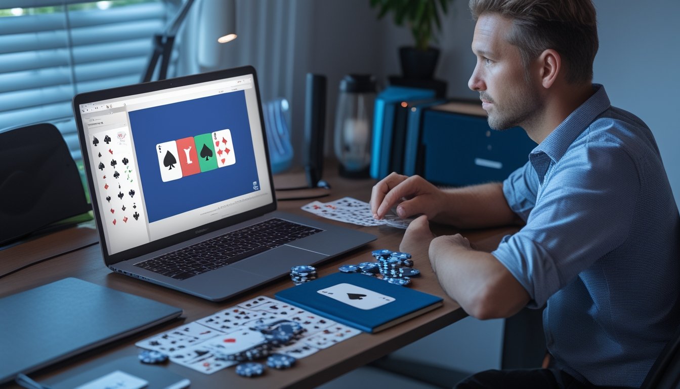 Pemula mempelajari permainan poker online di meja kerja dengan kartu dan keping poker.