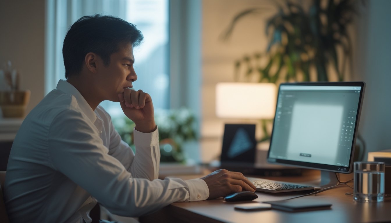 Seseorang yang tampak tegang sedang menenangkan diri di depan laptop setelah mengalami kekalahan dalam permainan daring.